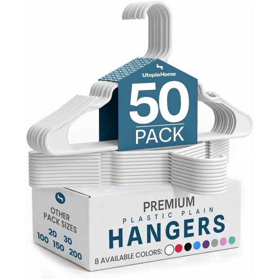 Utopia Home Plastic Hangers, Space Saving Durable Closet Organizer, White, 50 Pack
