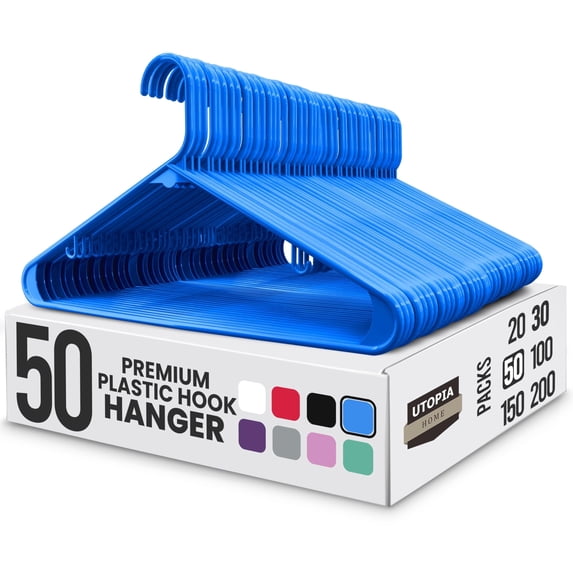 Utopia Home Plastic Hangers 50 Pack - Space Saving Clothes Hanger - Durable & Strong Closet Organizers and Storage with Built-in Strap Hooks - Essential for Shirts, Pants, Skirts & Coats (Blue)
