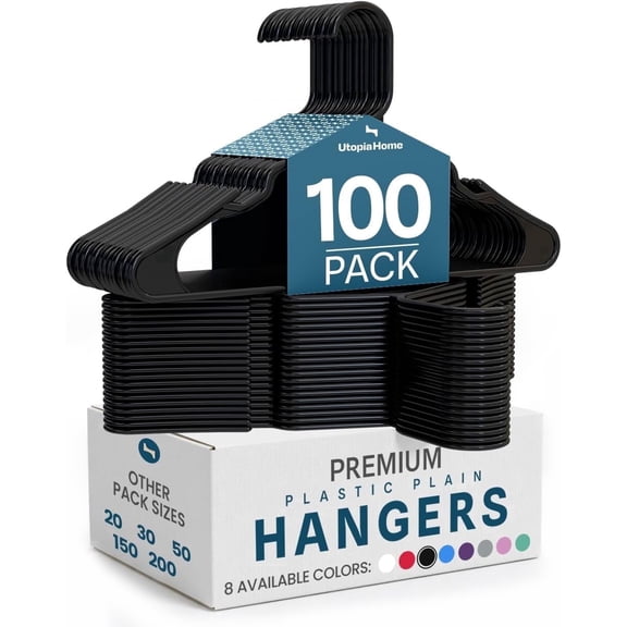 Utopia Home Plastic Hangers, Space Saving Durable Closet Organizer, Black, 100 Pack