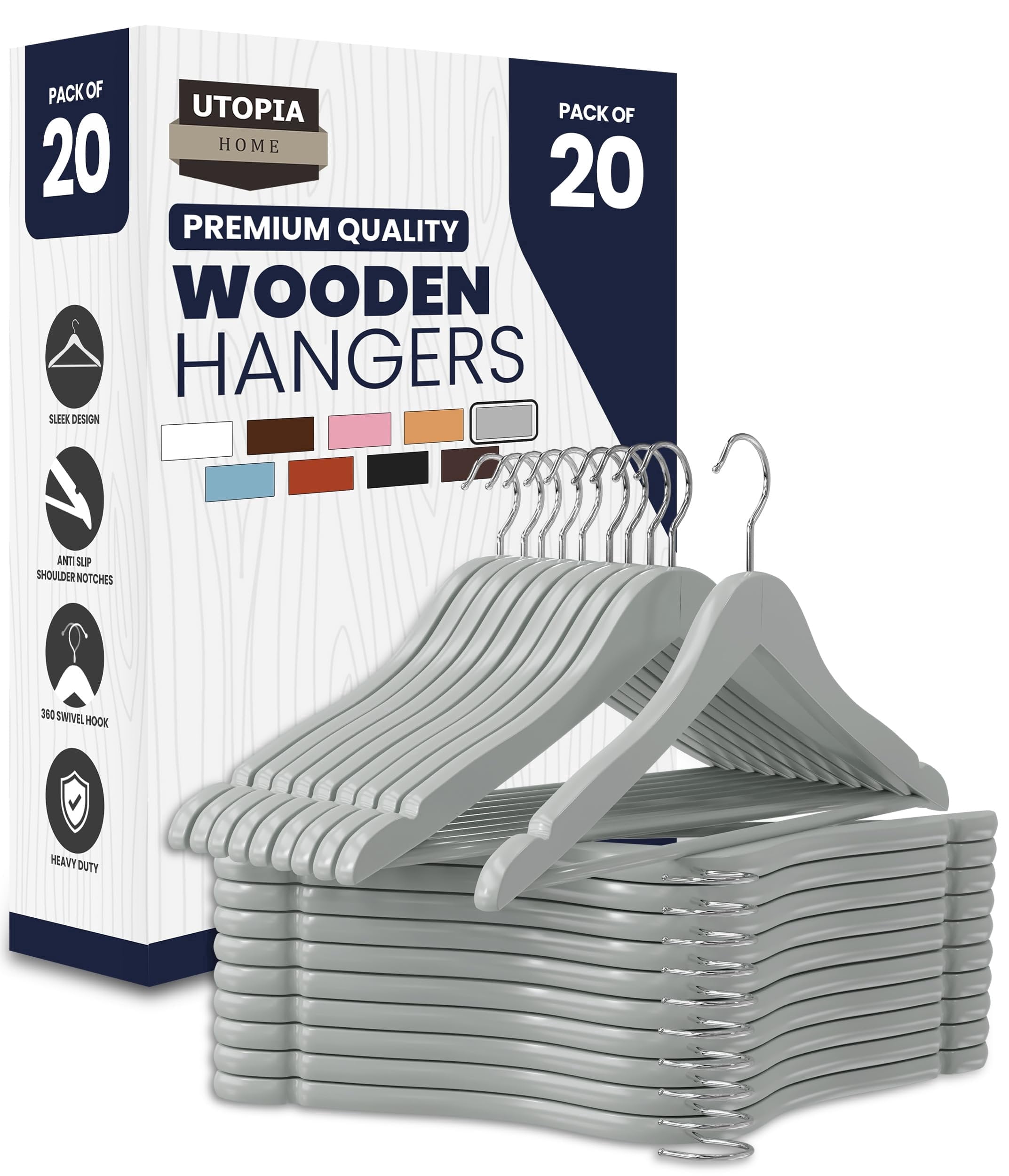 Utopia Home Premium Wooden Hangers 20 Pack - Heavy Duty & Durable Coat Hanger - Wood Hanger with 360-Degree Rotatable Hook - Clothes Hangers with Non-Slip Shoulder Notches For Shirts & Coats Grey
