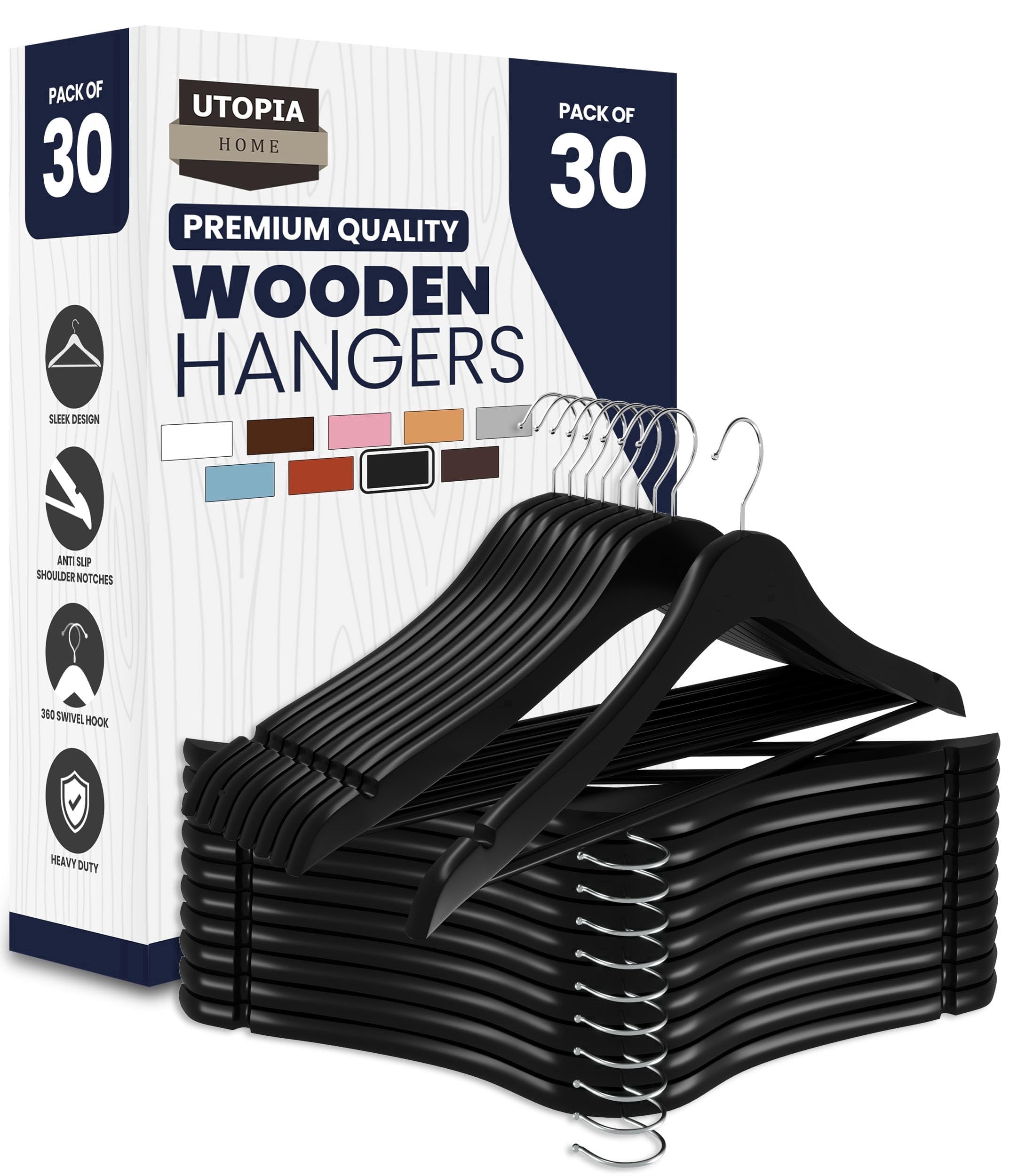 Utopia Home Premium Wooden Hangers 30 Pack - Durable & Slim Coat Hanger - Suit Hangers with 360-Degree Rotatable Hook - Wood Hangers with Shoulder Grooves Black