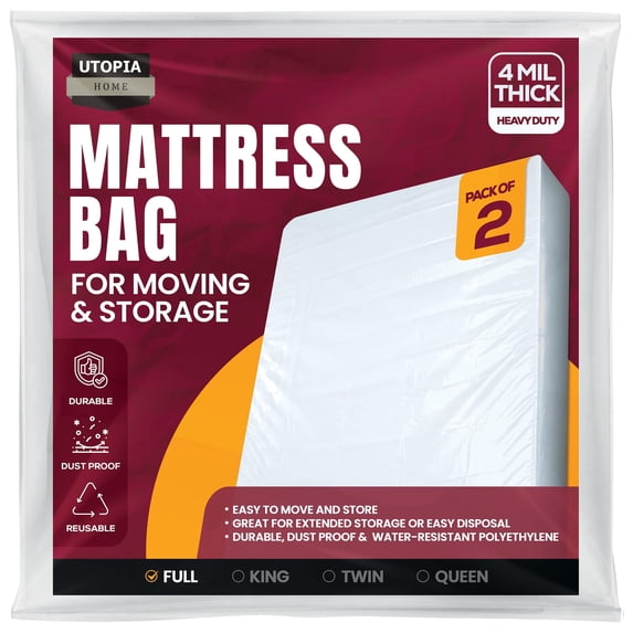 Utopia Home Full Size Mattress Cover for Moving, 4 Mil Thick Plastic Mattress Bag for Disposal, Mattress Encasement Fits Mattresses up to 14 Inches, Mattress Bags for Moving Pack of 2