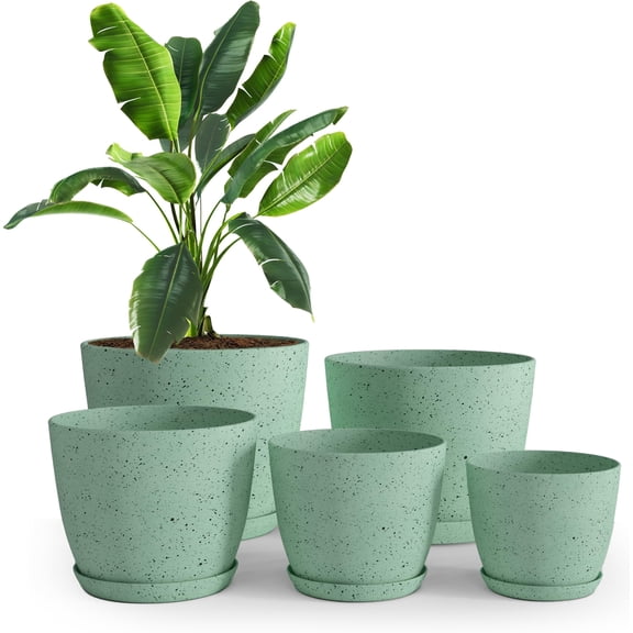 Utopia Home - Plant Pots Indoor with Drainage - 7/6.6/6/5.3/4.8 Inches Home Decor Flower Pots - Plastic Planters for Indoor Plants, Cactus, Succulents Pot (Spotty Mint, Pack of 5)