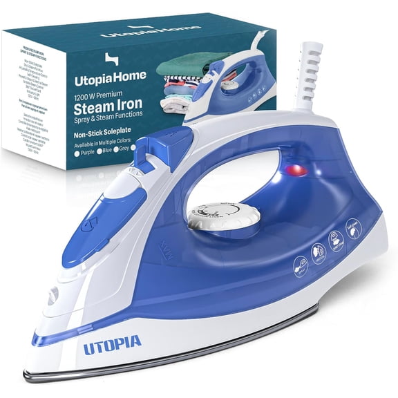 Utopia Home Steam Iron for Clothes - Non-Stick Soleplate - 1200W Iron–Blue Textile Iron 7.5 feet Long Cord Adjustable Thermostat Control, Overheat Safety Protection & Variable Steam Control