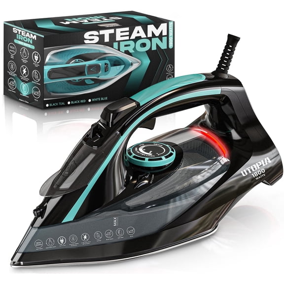 Utopia Home Steam Iron for Clothes - Non-Stick Soleplate - 1800W Clothes Iron With Auto-Off Safety Feature - Adjustable Thermostat Control, Variable Steam Control, Self-Clean, 8 Feet Cord Black/Teal