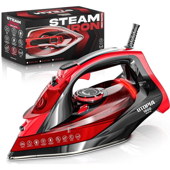 Utopia Home Steam Clothes Iron - 1800W (Black Red) Non-Stick Soleplate | Nonstick Soleplate With Auto-Off Safety Feature - Adjustable Thermostat Control, Variable Steam Control, Self-Clean, 8ft Cord