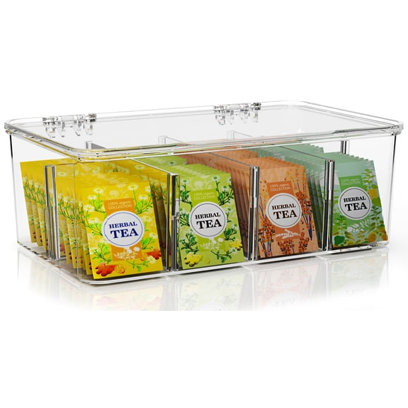 Utopia Home - Tea Bag Organizer With Lids, 1 Pack Clear Pantry Storage Box - Stackable Partition Organizers or Holder With Lids For Drawers, Countertops, Fridge, Kitchen, Snack & Spice Organization