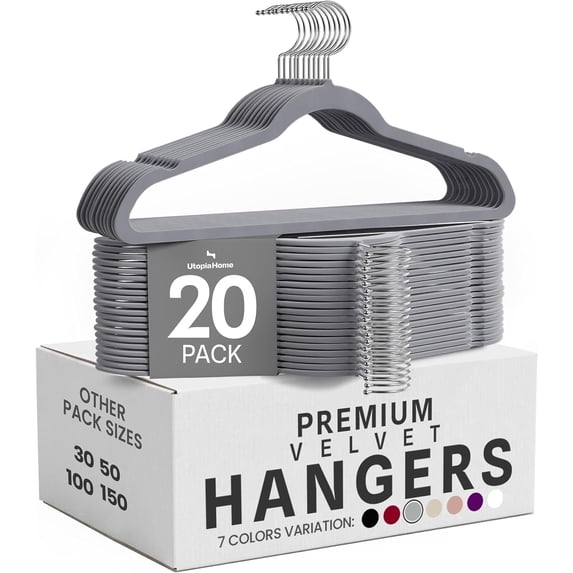 Utopia Home Velvet Hangers, Gray – Non-Slip Slim Pant & Coat Hangers with 360° Swivel Hook, 20 Pack