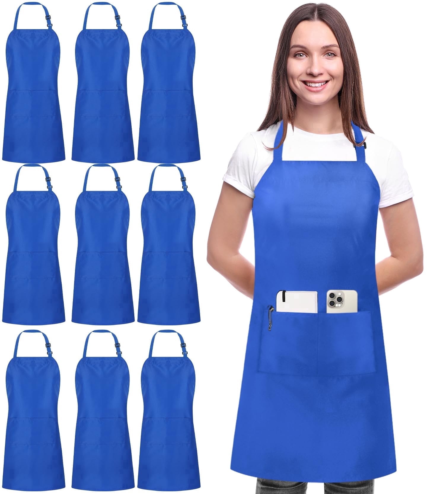 Utopia Kitchen 10 Pack Bib Apron, Unisex Adjustable Aprons with 2 Pockets, Waterdrop Resistant Cooking Kitchen Chef Apron for Men Women, Blue