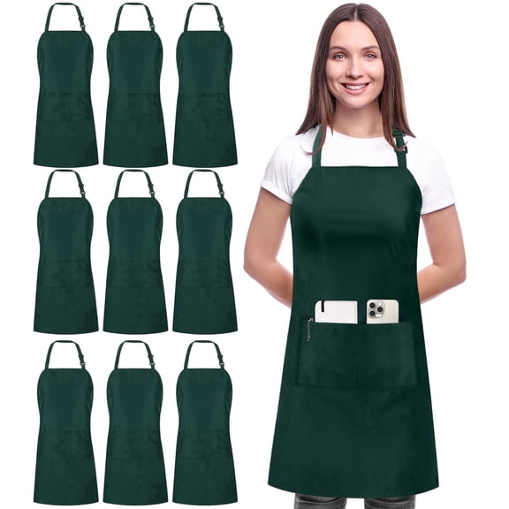 Utopia Kitchen 10 Pack Bib Apron, Unisex Adjustable Aprons with 2 Pockets, Waterdrop Resistant Cooking Kitchen Chef Apron for Men Women, Green