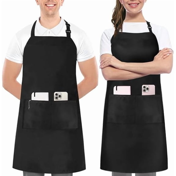 Utopia Kitchen 2 Pack Bib Apron, Adjustable with 2 Pockets, Water and Oil Resistant, Cooking Kitchen Chef Apron for Women Men, Black