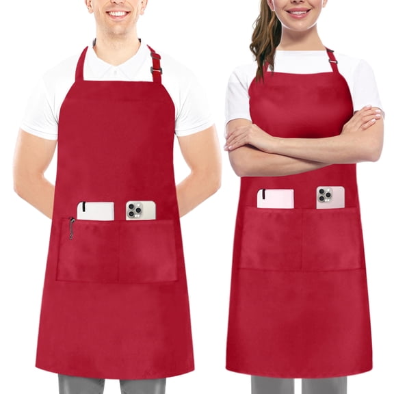Utopia Kitchen 2 Pack Bib Apron, Adjustable with 2 Pockets, Water and Oil Resistant, Cooking Kitchen Chef Apron for Women Men, Red