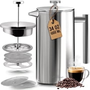 Utopia Kitchen 304 Grade Stainless Steel French Press Coffee Maker, 34 Oz, Double Wall Insulated, 4-Level Filtration System, Includes 2 Extra Filters, Rust-Resi