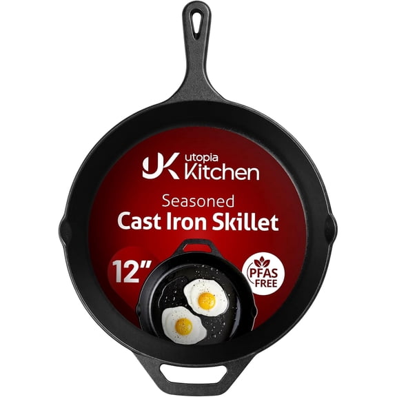 Utopia Kitchen Cast Iron Skillet 12 Inch Pre-Seasoned Black | Chef Pan, Even Heat Distribution, Stovetop, Oven, Campfire and Grill Safe, Large Skillet, Indoor Outdoor Use
