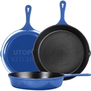 Utopia Kitchen Cast iron Skillets 3 Piece Set,Chefs Pan, Pre Seasoned Cast iron Skillets, 6, 8 & 10 Inches, Easy Use in the Oven, Stove, Grill, or Campfire, Blue