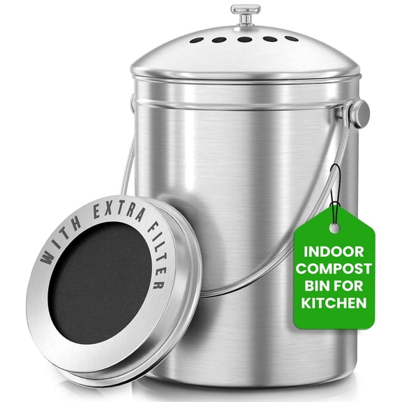 Utopia Kitchen Compost Bin for Kitchen Countertop, 1.3 Gallon Compost Bucket for Kitchen with Lid, Includes 1 Spare Charcoal Filter Silver