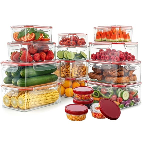 Utopia Kitchen Plastic Food Containers - Food Storage Containers with Airtight Lids - Reusable Lunch Boxes - Leak Proof (Red, Pack of 32)