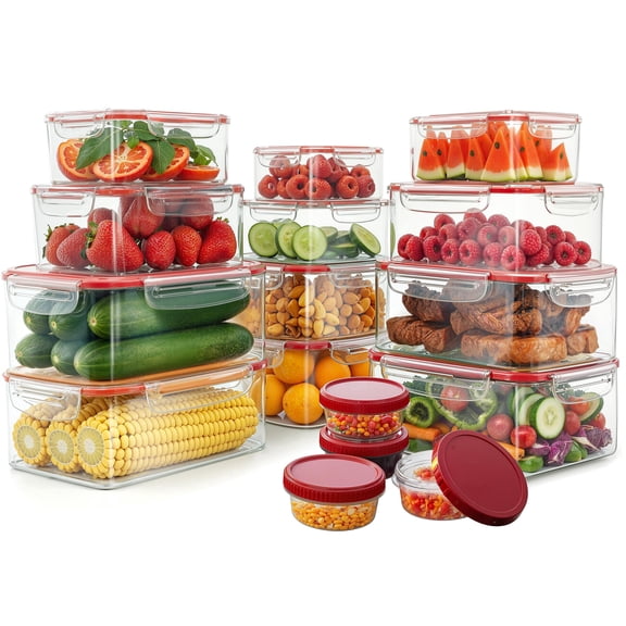 Utopia Kitchen Plastic Food Containers - Food Storage Containers with Airtight Lids - Reusable Lunch Boxes - Leak Proof (Red, Pack of 32)