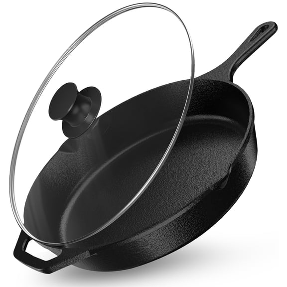 Utopia Kitchen Premium Saute Frying Pan 12 Inch, Cast Iron Chefs Pan, Pre Seasoned Cast iron Skillet With Lid, Safe Grill Cookware for Indoor & Outdoor Use, Black