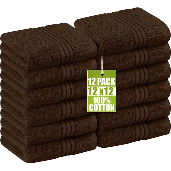 Utopia Towels 12 Pack Premium Wash Cloths Set, 12 by 12 Inches, 100% Cotton Ring Spun, Highly Absorbent and Soft Feel Washcloths for Bathroom, Spa, Gym, and Face, Dark Brown