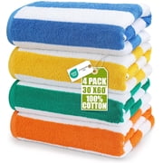 Utopia Towels Pack of 4 Cabana Beach Towels, Oversized 30 x 60 Inches Cotton Beach Towel Set, Smooth Ring Spun Texture for Pool and Swim Days, Modern Striped Design Bath Towels
