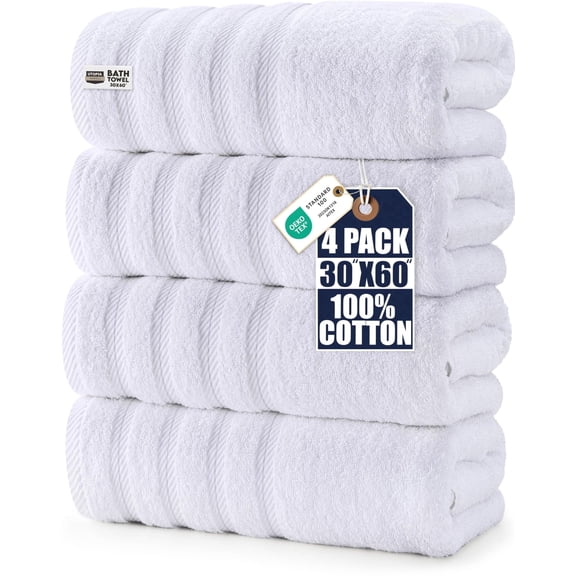 Utopia Towels 4 Pack Premium Extra Large Bath Towels Set, 30 x 60 Inches 100% Ring Spun Cotton, Lightweight and Highly Absorbent Quick Drying Towels, Perfect for Daily Use White