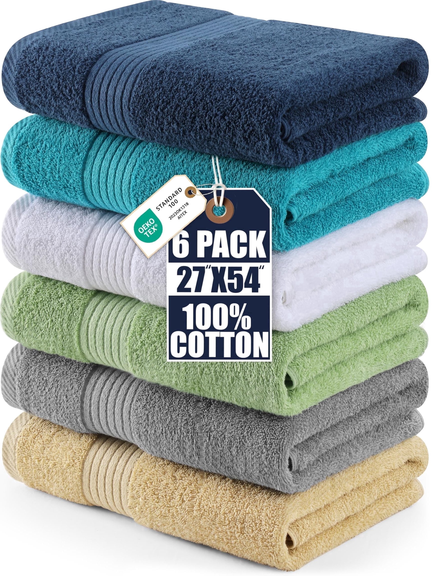 Utopia Towels 6 Pack Bath Towels Set, 27 x 54 Inches 100% Ring Spun Cotton, Quick Dry, Highly Absorbent, Soft Feel Towels White, Cool Grey, Turqoise, Sage Green, Navy, Beige