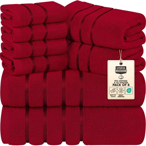Utopia Towels 8 Piece Luxury Towel Set, 2 Bath, 2 Hand, and 4 Wash Cloths, 600 GSM Ring Spun Cotton, Highly Absorbent Viscose Stripe Towels, Ideal for Everyday use, Red