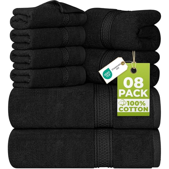 Utopia Towels 8 Piece Luxury Towel Set – Majestic Plush, Super Absorbent & Quicker-to-Dry, Thick 100% Ring Spun Cotton Towels for Bathroom, Spa & Hotel – 2 Bath, 2 Hand, 4 Washcloths, Black