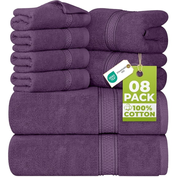 Utopia Towels 8 Piece Luxury Towel Set – Majestic Plush, Super Absorbent & Quicker-to-Dry, Thick 100% Ring Spun Cotton Towels for Bathroom, Spa & Hotel – 2 Bath, 2 Hand, 4 Washcloths, Plum