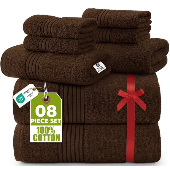 Utopia Towels 8 Piece Premium Towel Set, 2 Bath, 2 Hand, and 4 Washcloths, 100% Ring Spun Cotton, Highly Absorbent Towels for Bathroom, Sports, and Hotel, Dark Brown