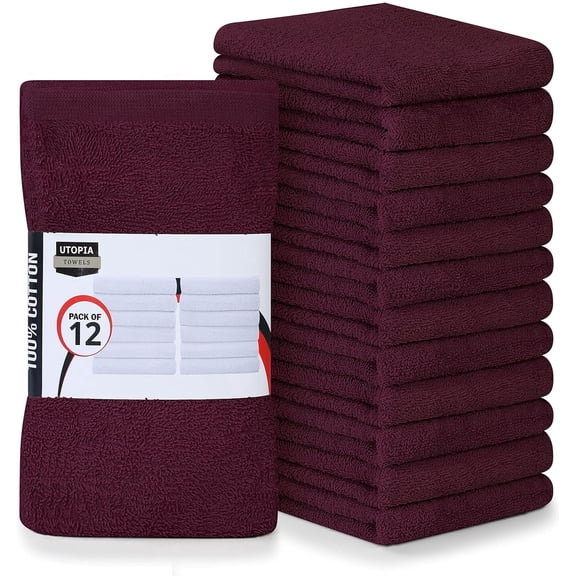 Utopia Towels Kitchen Bar Mops, Pack of 12, 16 by 19 Inches, 100% Cotton Super Absorbent Burgundy Towels, Multi-Purpose Cleaning Towels for Home and Kitchen Bars