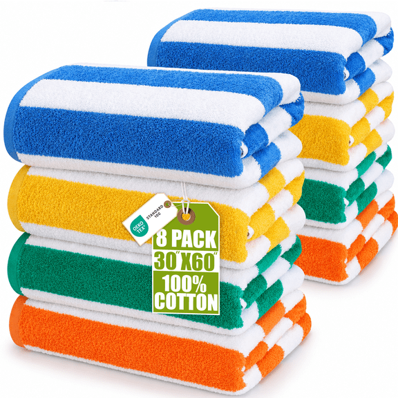 Utopia Towels Pack of 8 Cabana Beach Towels, Oversized 30 x 60 Inches Cotton Beach Towel Set, Smooth Ring Spun Texture for Pool and Swim Days, Modern Striped Design Bath Towels, Green