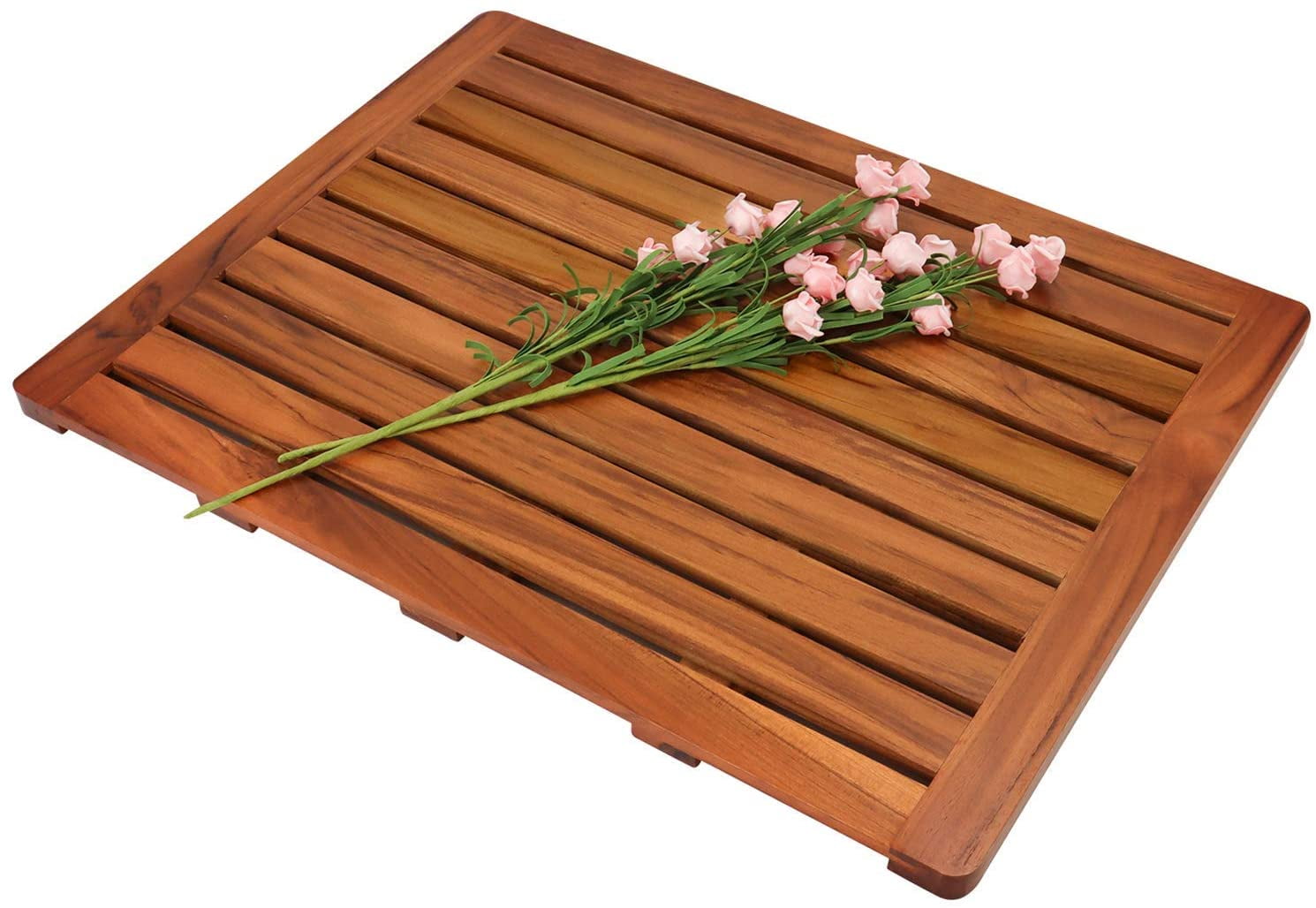 Large Teak Wood Bath Mat with Lacquer Finish, 24"x18"