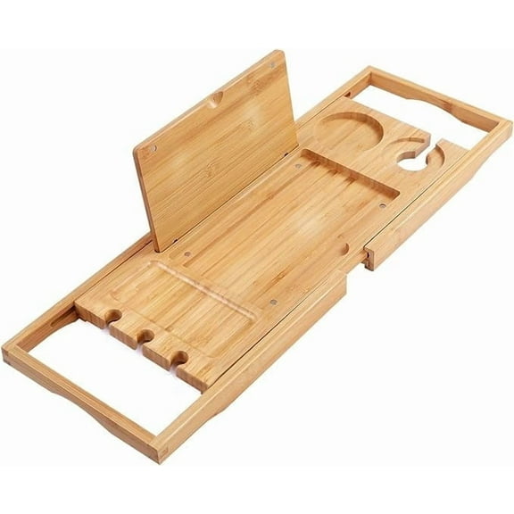 Utoplike Bamboo Bathtub Caddy Tray Bath Tray for Tub, Adjustable Bathroom Bathtub Organizer with Book Tablet Wine Glass Cup Towel Holder (24.5"-37.4")