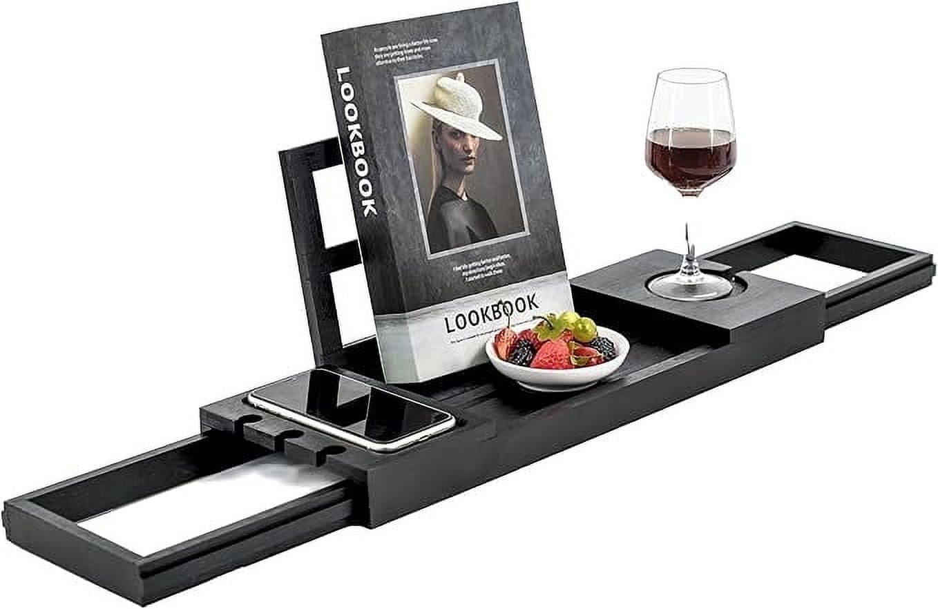 Utoplike Bamboo Bathtub Tray Black, Adjustable Bath Caddy Table for Tub, Bathroom Organizer with Book Tablet Wine Glass Cup Towel Holder