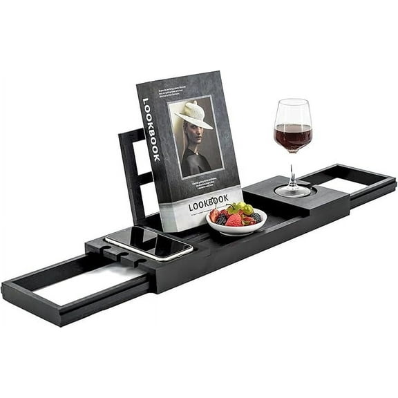 Utoplike Bamboo Bathtub Tray Black, Adjustable Bath Caddy Table for Tub, Bathroom Organizer with Book Tablet Wine Glass Cup Towel Holder