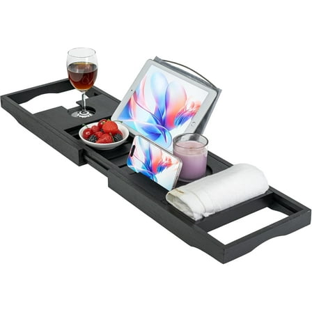 Utoplike Bamboo Bathtub Tray Caddy, Black Bath Tray Table for Tub, Adjustable Bathroom Organizer with Book Tablet  Glass Cup Towel Holder