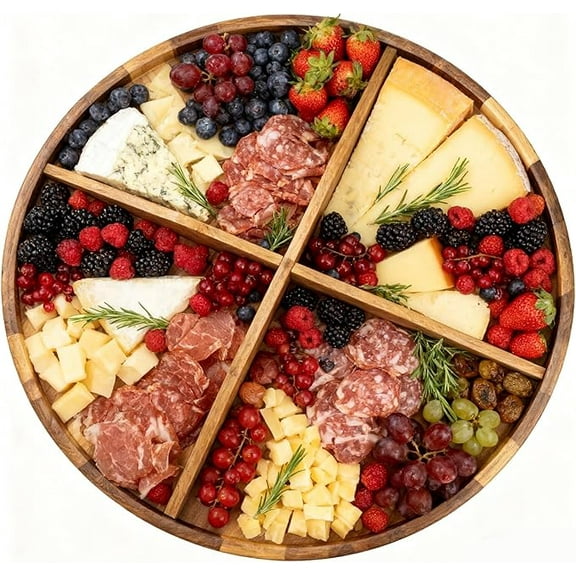 Utoplike Extra Large Acacia Wood Serving Tray, 23.6'' Round Charcuterie Board, Cheese Board with Rotating Base Raised Edge and Removable Dividers for Food, Snacks, Party, Dining