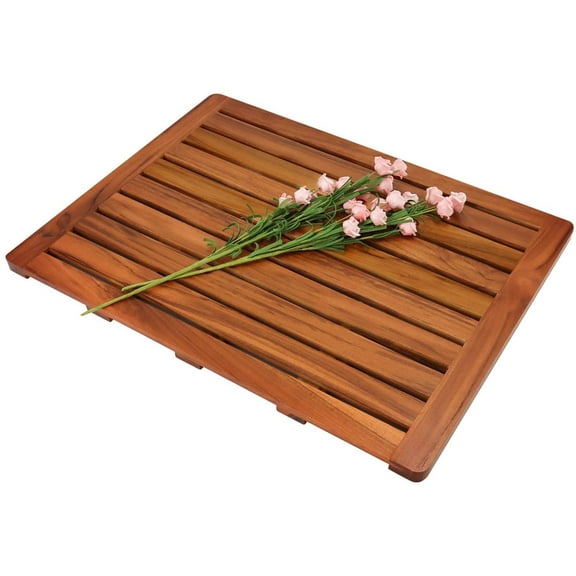 Utoplike Non-Slip Teak Wood Square Wooden Floor Bath Mat, 24 x 18 Inches