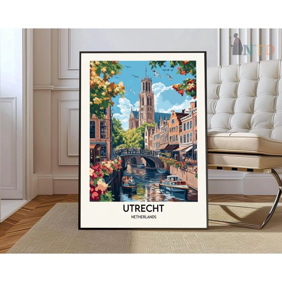 Utrecht Netherlands Travel Poster, Historic Canal City Wall Art