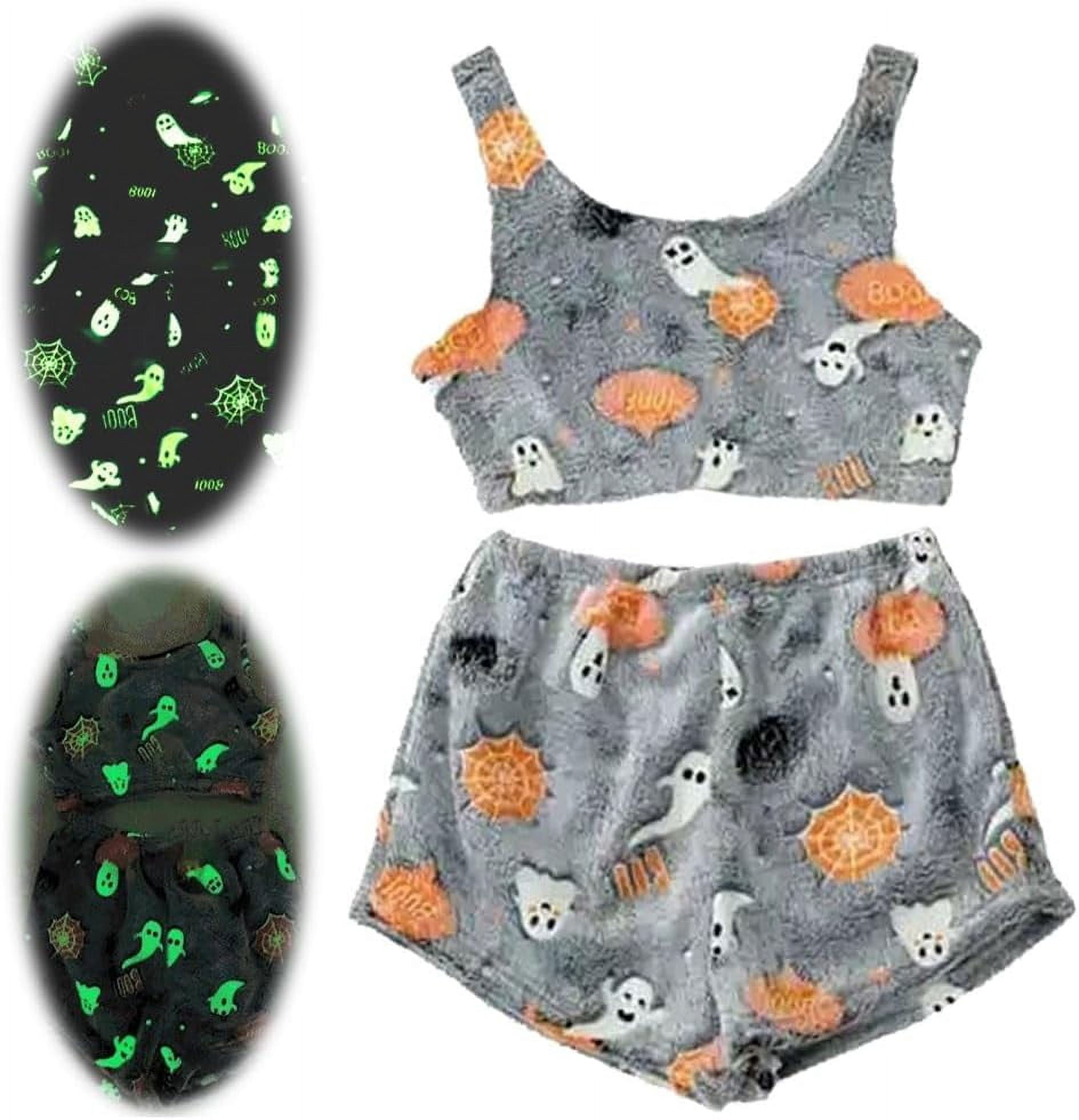 Spooky Glow-in-The-Dark Flannel Pajama Set For Women - Halloween Vest Pajamas With Fun Prints