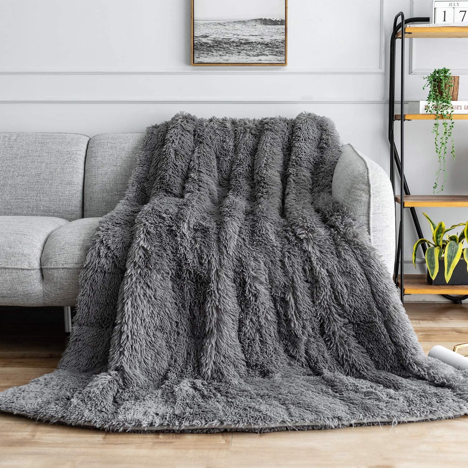 Uttermara Faux Fur Weighted Blanket 15lbs, Super Soft Plush Fleece and Cozy Sherpa Reverse, Shaggy Long Faux Fur Throw Blankets, 60"x80" Grey