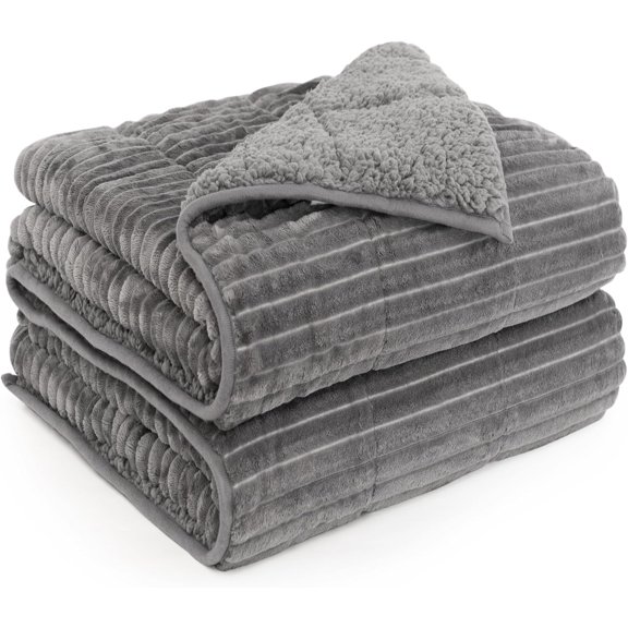 Uttermara Sherpa Fleece Weighted Blanket 15lbs for Adults Ribbed Stripes Soft Plush Heavy Thick Blanket for Couch Bed Sofa,Grey, 60" x 80"