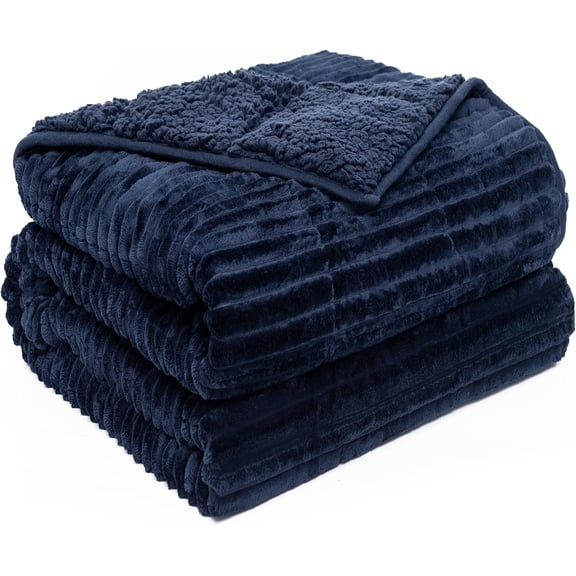 Uttermara Sherpa Fleece Weighted Blanket 15lbs for Adults Ribbed Stripes Soft Plush Heavy Thick Blanket for Couch Bed Sofa,Navy Blue, 48" x 72"