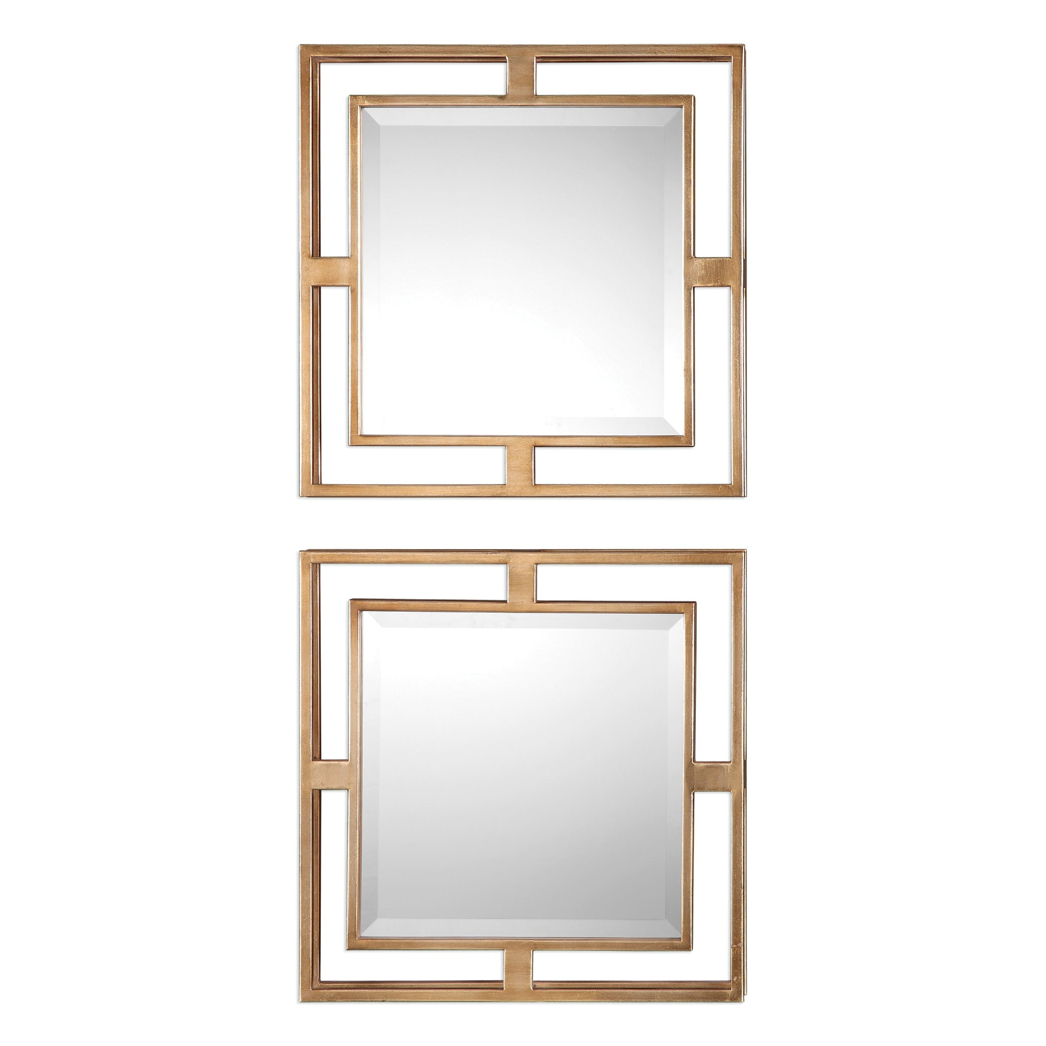 Antiqued Gold Leaf Square Wall Mirrors with Beveled Edges, Set of 2
