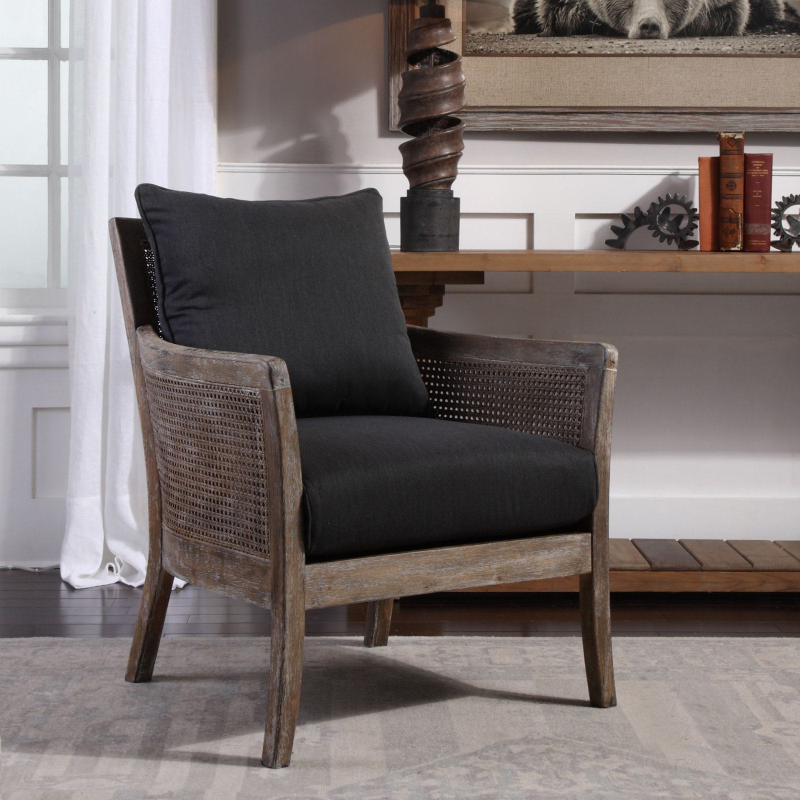 Sandstone Frame with Lush Dark Gray Fabric Coastal Accent Chair