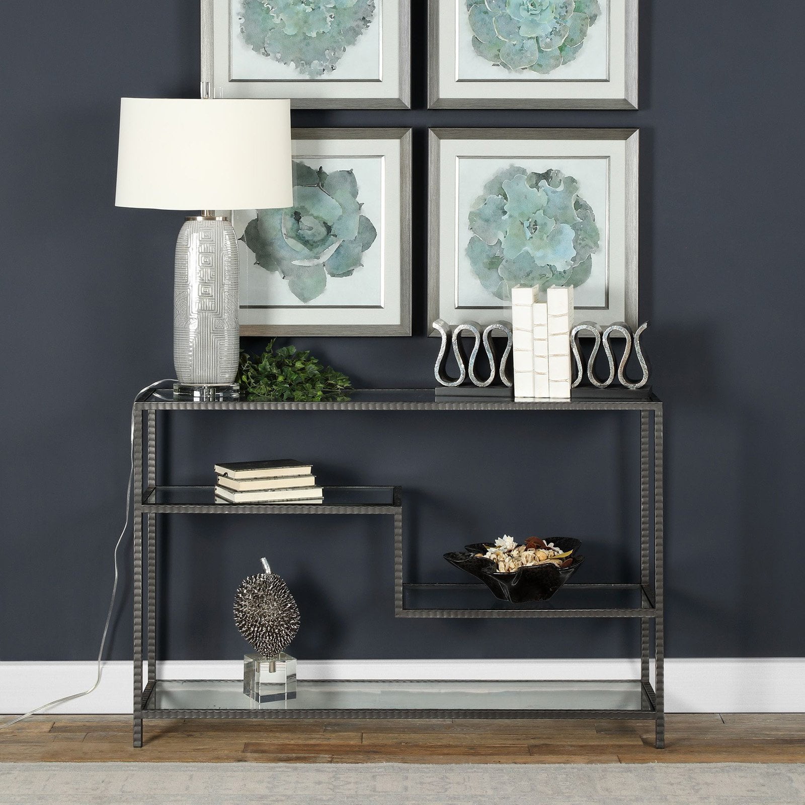 Industrial Gunmetal Gray Iron and Glass Console Table with Storage