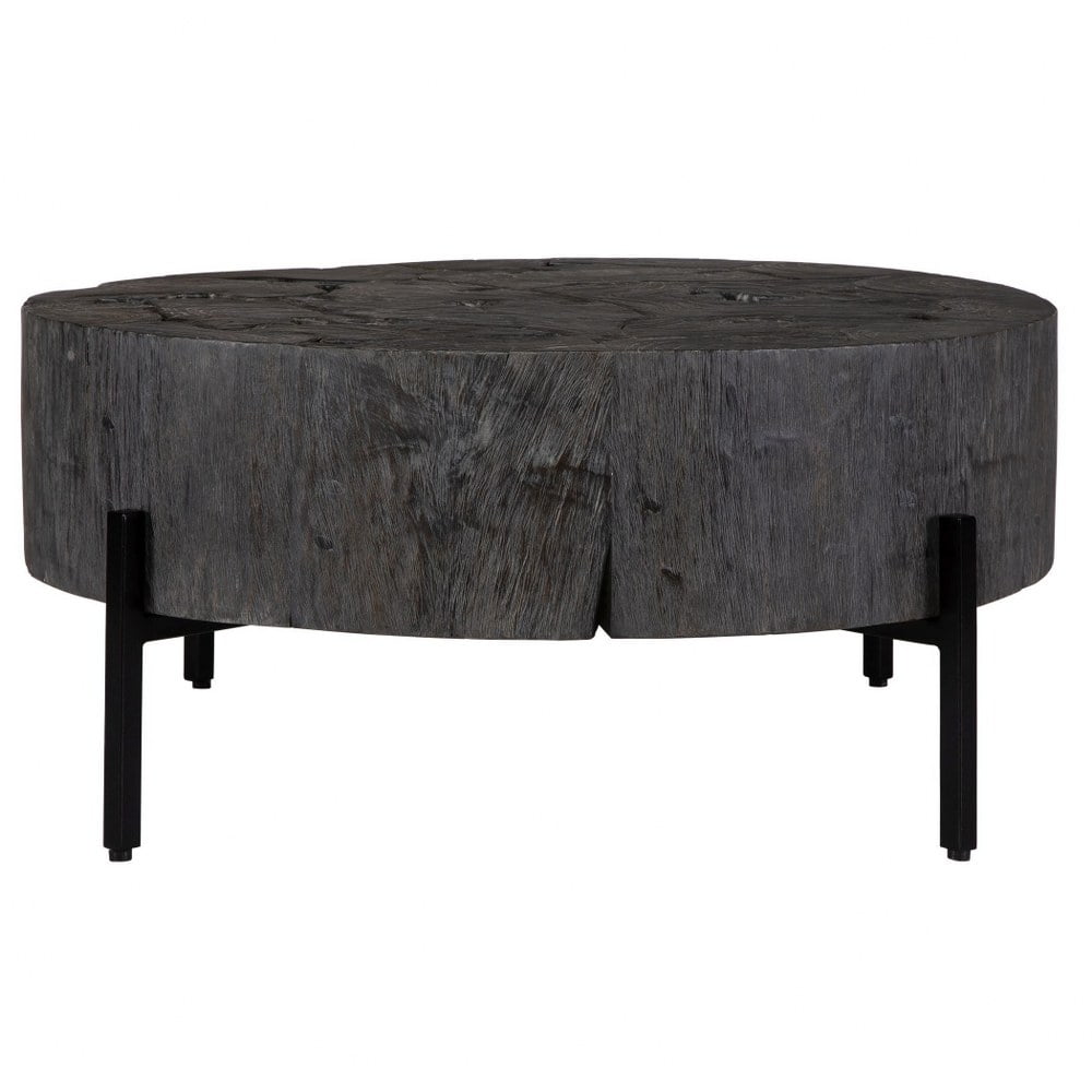 Rustic Black Teak Wood Round Coffee Table with Aged Iron Frame