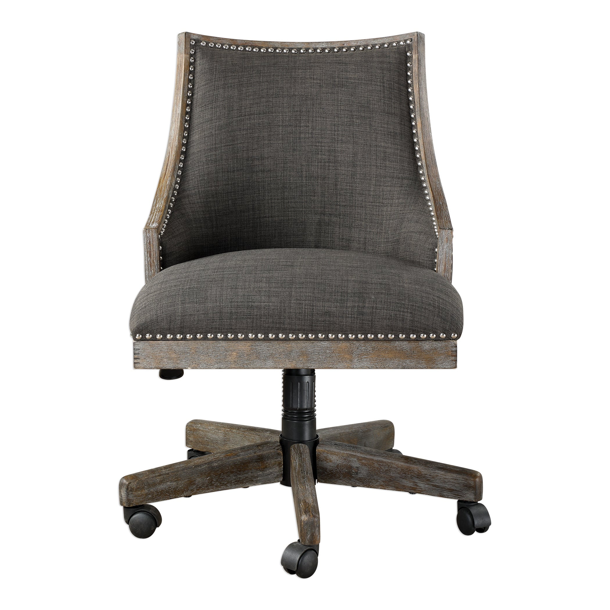 Aidrian Charcoal Gray Linen Executive Desk Chair with Polished Nickel Accents